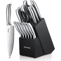 Knife Set, 16-Piece Stainless Steel Kitchen Knife Set with Wood Block, One Piece Design Knife Block Set, Black EasyOptionXY LLC