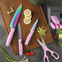 Hecef 14-Piece Kitchen Knife Set with Wooden Block Sharpening Steel, Titanium Coating Rainbow Slicing Chef Knives EasyOptionXY LLC