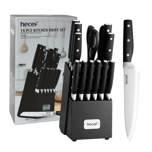 Hecef 14 Pcs Kitchen Knife Block Set, High Carbon Stainless Steel Cutlery Set with 6 Steak Knives EasyOptionXY LLC
