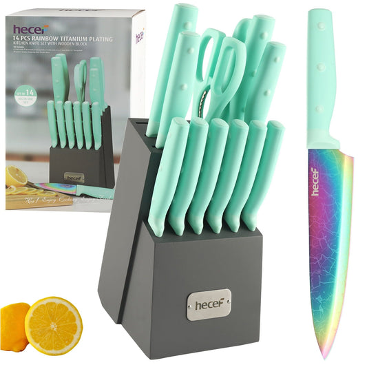 Hecef Dishwasher Safe Knife Block Set, Rainbow Titanium Coated Kitchen Knives Set with Scissors, Steak Knives EasyOptionXY LLC