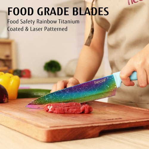 Hecef Dishwasher Safe Knife Block Set, Rainbow Titanium Coated Kitchen Knives Set with Scissors, Steak Knives EasyOptionXY LLC