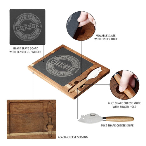 Hecef Cheese Board with Removable Black Slate and Cutlery Knife, Charcuterie Serving Platter EasyOptionXY LLC
