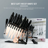 Hecef 25 PCS Kitchen Knife Set with Knife Block, Steak Knives, Cutting Boards, Titanium Plated Anti-Rusting Chef Knife EasyOptionXY LLC