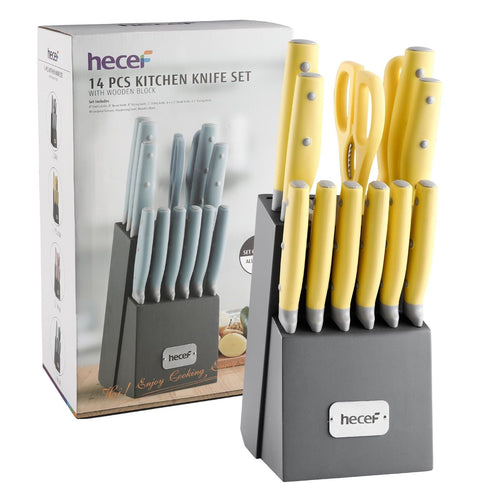 Hecef 14Pcs Kitchen Knife Set High Carbon Stainless Steel Cutlery Set with Wooden Block EasyOptionXY LLC
