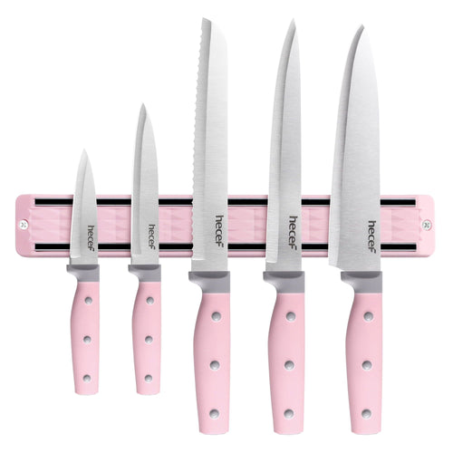 Hecef 5Pcs Kitchen Knife Set with 13 in Magnetic Strip, Pink Stainless Steel Sharp Chef Bread Utility Knives EasyOptionXY LLC