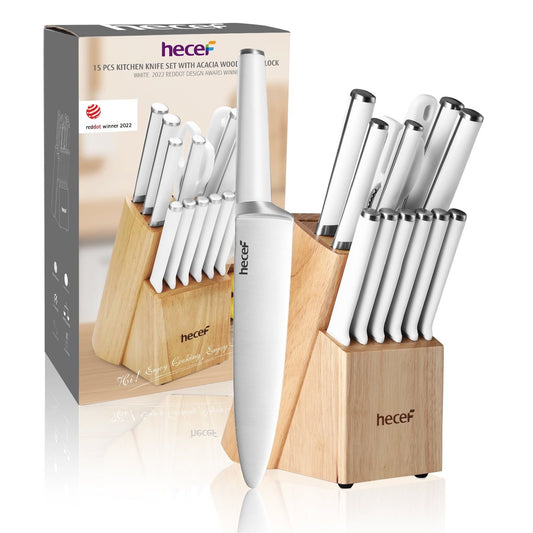 Hecef 15 Pieces White Kitchen Knife Set with Block and Sharpener, Ultra Sharp Chef Knife Set, Red Dot Award Winner EasyOptionXY LLC