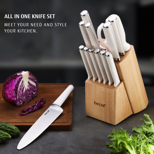 Hecef 15 Pieces White Kitchen Knife Set with Block and Sharpener, Ultra Sharp Chef Knife Set, Red Dot Award Winner EasyOptionXY LLC