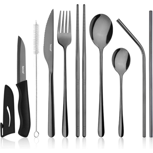 Hecef 11 PCS Portable Silverware Set, Stainless Steel Travel Camping Cutlery Flatware Set with Carrying Case EasyOptionXY LLC