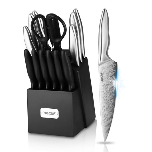 Hecef 15-Piece Kitchen Knife Set with Block, Razor Sharp Japanese Damascus Pattern Professional Chef Knife Set EasyOptionXY LLC