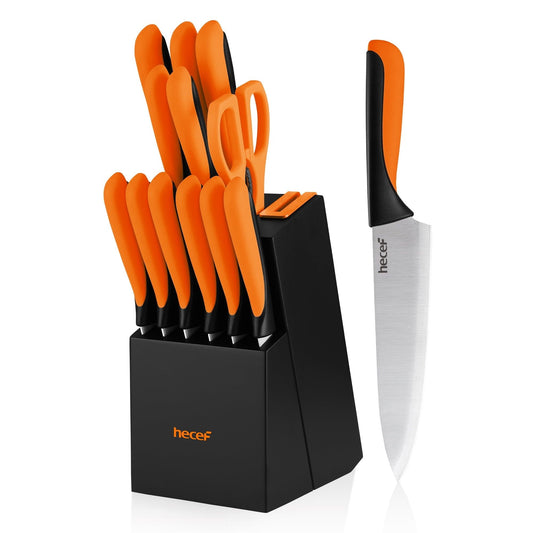Hecef Knife Set with Block, 13 Pcs High Carbon Stainless Steel Knives with Ergonomic PP Handles EasyOptionXY LLC