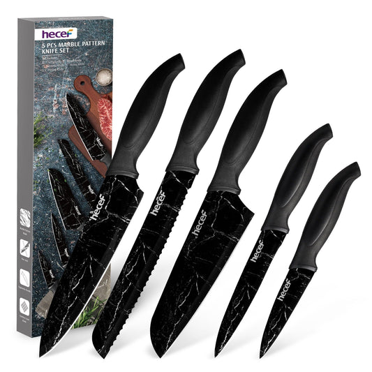 Hecef 5-Piece Kitchen Knife Set, Non-stick Marble Pattern Coated Sharp Stainless Steel Chef Knives EasyOptionXY LLC
