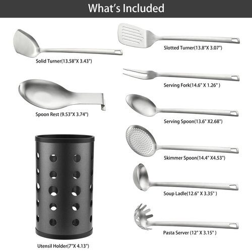 (2 pack) McCook Stainless Steel Kitchen Utensil Set- MC60 Cooking Utensils for Kitchen, 9-Piece Kitchen Turner, Serving Spoon, Ladle, Skimmer Spoons, Fork, Pasta Server,Spoon Rest and Holder,Silver EasyOptionXY LLC
