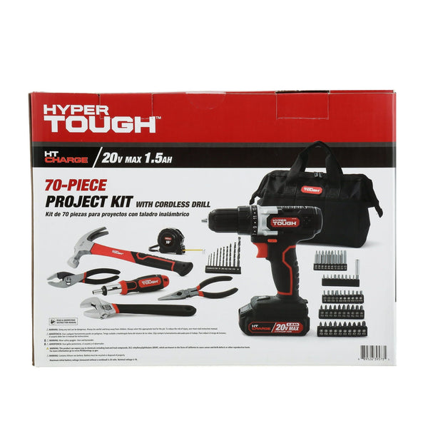 Hyper Tough 20V Max Lithium-Ion 3/8 inch Cordless Drill, 70-Piece Home Tool Set, 1.5Ah Lithium-Ion Battery & Charger, Bit Holder, & Storage Bag EasyOptionXY LLC