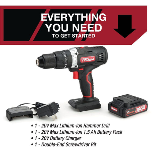 Hyper Tough 20V Max Lithium-Ion Cordless Hammer Drill, 1/2 inch Chuck, 2 Speeds with 1.5Ah Lithium-ion Battery & Charger, Bit Holder & LED Light, New Condition EasyOptionXY LLC