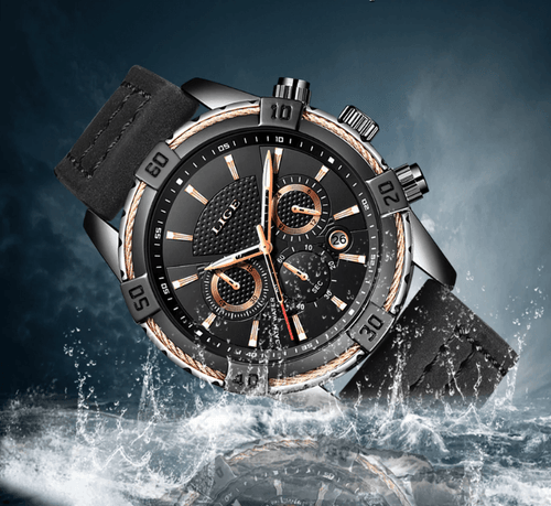Men's Waterproof Watch With Chronometers Date Display Gold Detail Excellent Background Perfect Gift