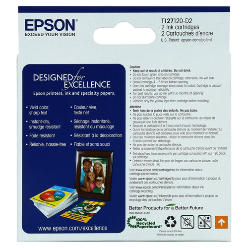 EPSON 127 DURABrite Ultra Ink Black Dual Cartridge Pack For NX-530, NX-625, WF-3520, WF-3530, WF-3540, WF-545, WF-60, WF-630, WF-633, WF-635, WF-645, WF-7010, WF-7510, WF-7520, WF-840, WF-845 EasyOptionXY LLC