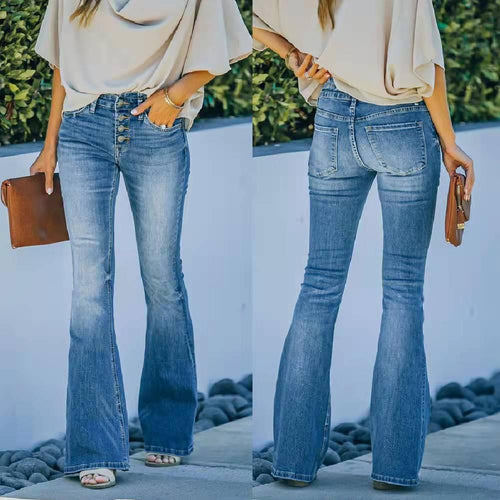 High Waist Designer Stretch Jeans – Trendy Flared Denim for Cowgirls
