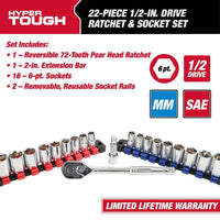 Hyper Tough 22-Piece 1/2-inch Drive Ratchet and Socket SAE and Metric Set EasyOptionXY LLC