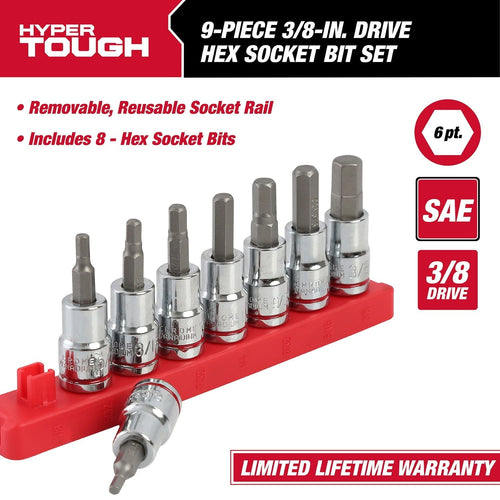 Hyper Tough 9-Piece 3/8-in Drive Standard SAE Sockets, Hex Bit Set EasyOptionXY LLC