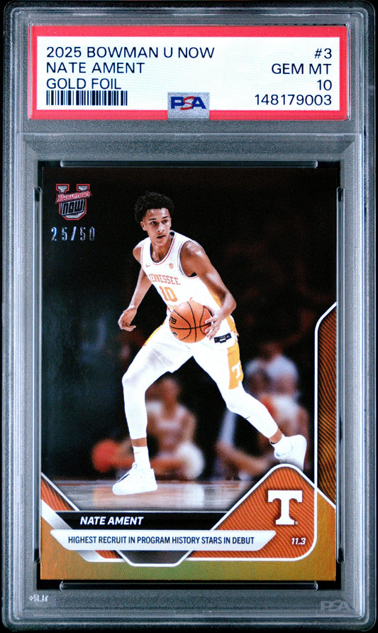 Graded 2025 Topps Bowman U Now Nate Ament #3 Gold Foil /50 Rookie RC Basketball Card PSA 10 Gem Mint