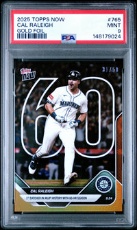 Graded 2025 Topps Now Cal Raleigh #765 Gold Foil /50 Baseball Card PSA 9 Mint