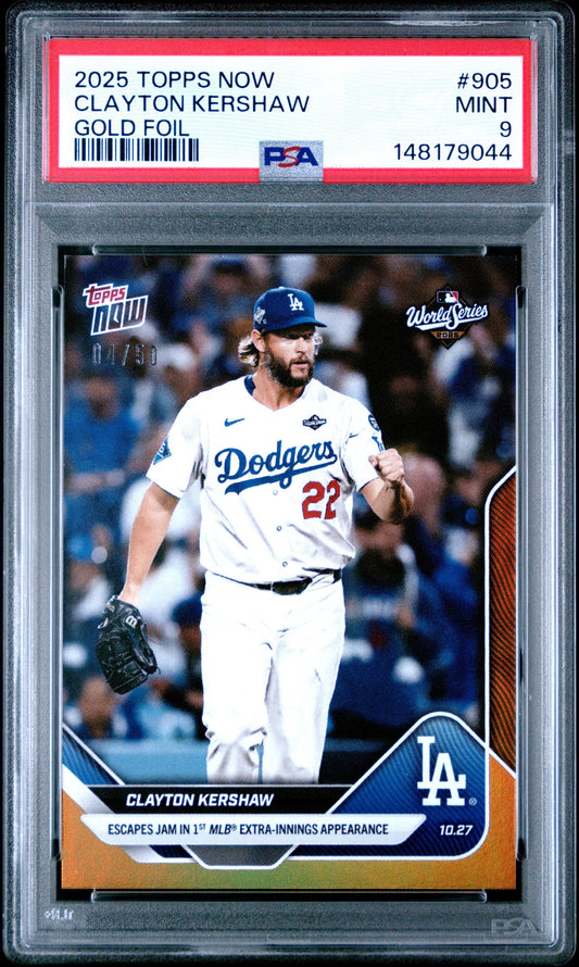 Graded 2025 Topps Now Clayton Kershaw #905 Gold Foil /50 Baseball Card PSA 9 Mint