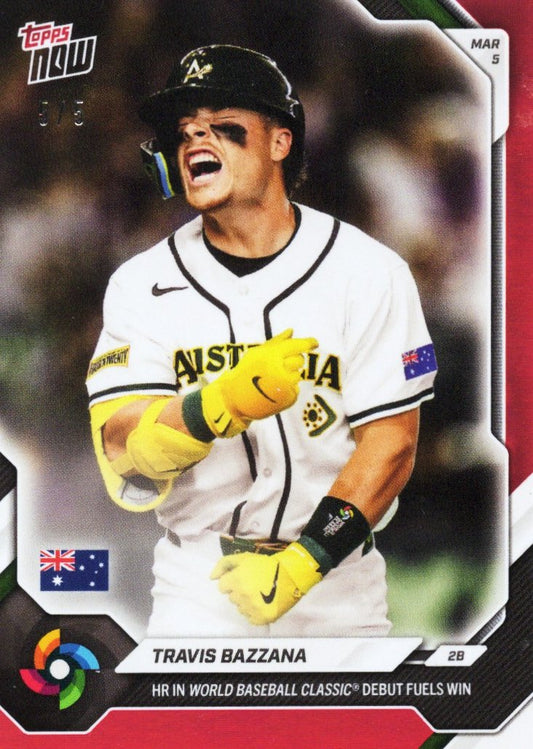 2026 Topps Now World Baseball Classic Travis Bazzana #WB1 Red Foil /5 Home Run in World Baseball Classic Debut Fuels Win Team Australia Rookie RC Baseball Card
