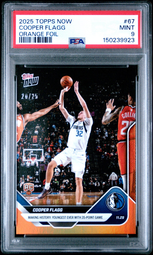Graded 2025 Topps Now Cooper Flagg #67 Orange Foil /25 Rookie RC Basketball Card PSA 9 Mint