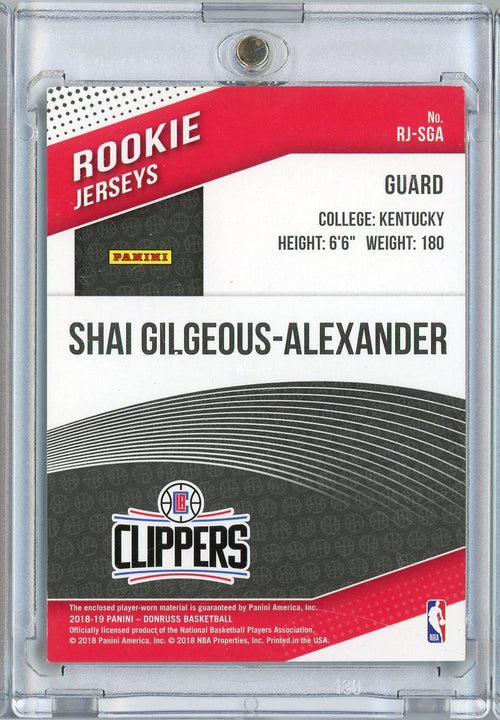 2018 Panini Donruss Shai Gilgeous Alexander #RJSGA /25 Rookie Jerseys Player Worn Relic Rookie RC Basketball Card
