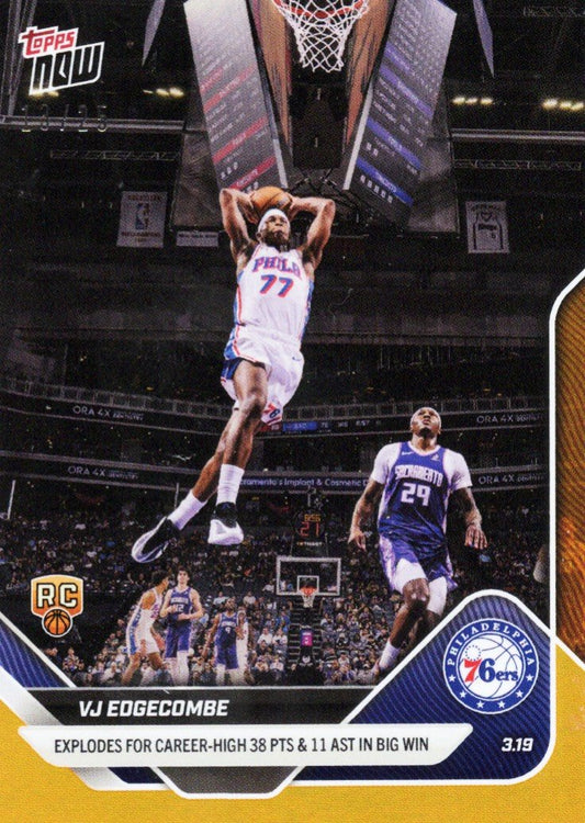 2025 Topps Now VJ Edgecombe #218 Orange Foil /25 Explodes For Career High 38 Points & 11 Assists in Big Win Philadelphia 76ers Rookie RC Basketball Card