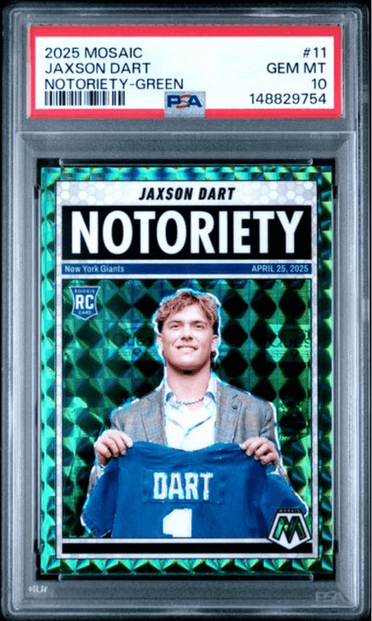 Graded 2025 Panini Mosaic Jaxson Dart #11 Notoriety Green Rookie RC Football Card PSA 10 Gem Mint