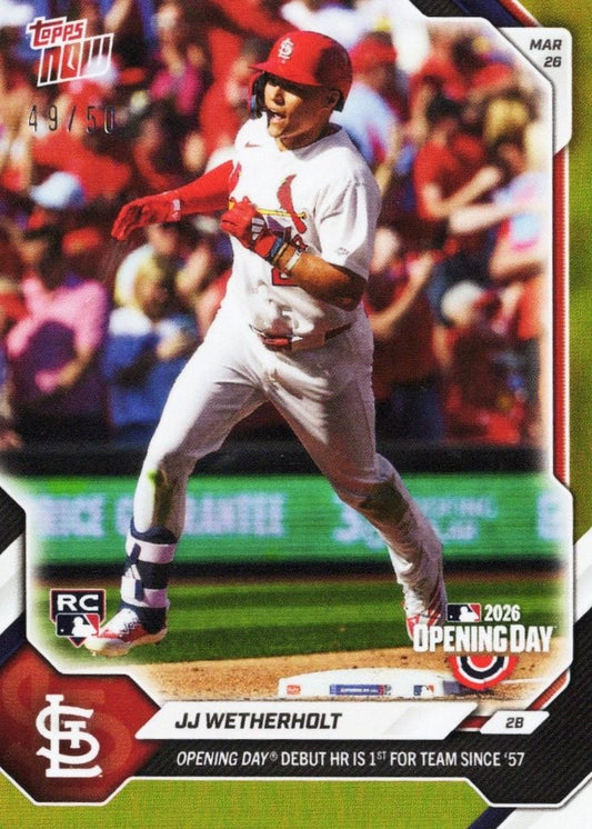 2026 JJ Wetherholt #8 Gold Foil /50 Opening Day, Debut Home Run is 1st for Team Since 1957 St Louis Cardinals Rookie RC Baseball Card