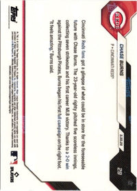 2026 Topps Now Chase Burns #29 Orange Foil /25 Young Fireballer Secures 1st Career MLB Victory Cincinnati Reds Rookie RC Baseball Card