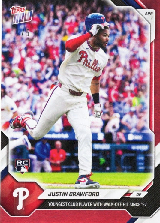 2026 Topps Now Justin Crawford #39 Red Foil /5 Youngest Club Player with Walk Off Hit Since '97 Philadelphia Phillies Rookie RC Baseball Card