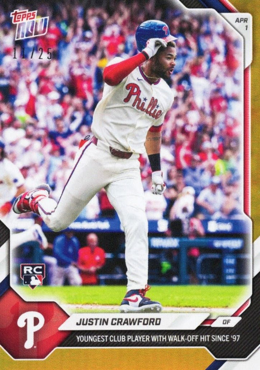 2026 Topps Now Justin Crawford #39 Orange Foil /25 Youngest Club Player with Walk Off Hit Since '97 Philadelphia Phillies Rookie RC Baseball Card