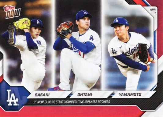 2026 Topps Now Roki Sasaki/Shohei Ohtani/Yoshinobu Yamamoto #42 Red Foil /5 1st MLB Club to Start 3 Consecutive Japanese Pitchers Los Angeles Dodgers Baseball Card