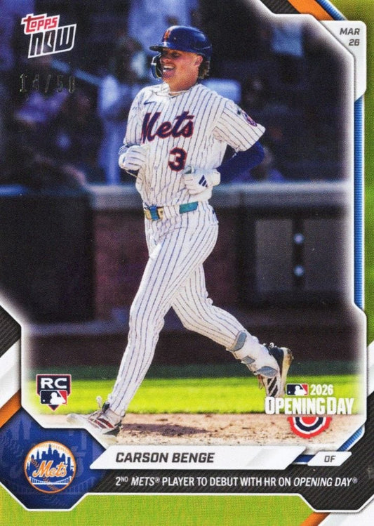 2026 Topps Now Carson Benge #3 Gold Foil /50 2nd Mets Player to Debut with HR on Opening Day New York Mets Rookie RC Baseball Card