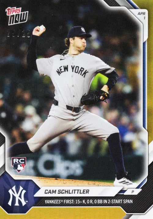 2026 Topps Now Cam Schlittler #41 Orange Foil /25 Yankees First: 15+ K, 0 R, 0 BB in 2 Start Span New York Yankees Rookie RC Baseball Card
