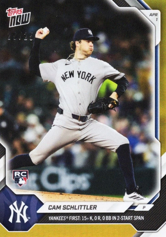 2026 Topps Now Cam Schlittler #41 Orange Foil /25 Yankees First: 15+ K, 0 R, 0 BB in 2 Start Span New York Yankees Rookie RC Baseball Card