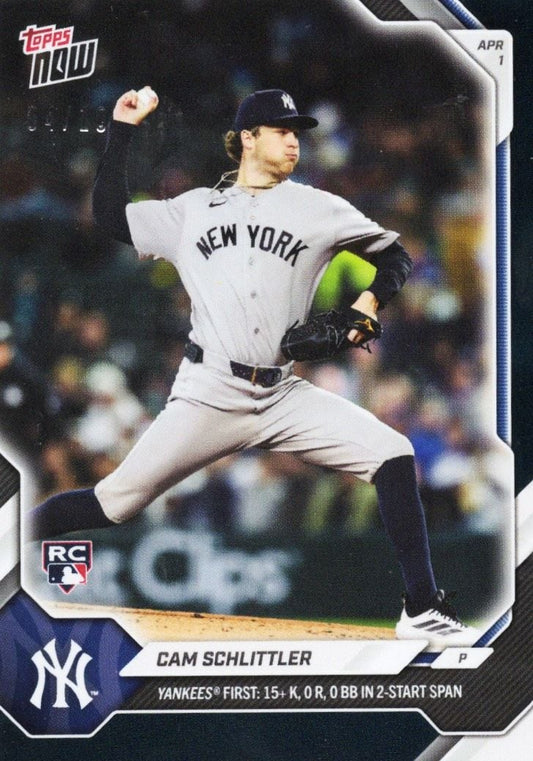 2026 Topps Now Cam Schlittler #41 Black Foil /10 Yankees First: 15+ K, 0 R, 0 BB in 2 Start Span New York Yankees Rookie RC Baseball Card