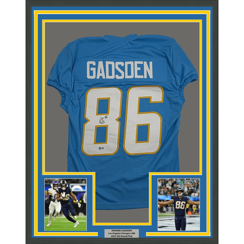 Framed Autographed/Signed Oronde Gadsden 35x39 Los Angeles San Diego Powder Blue Pro Cut Football Jersey Beckett BAS COA