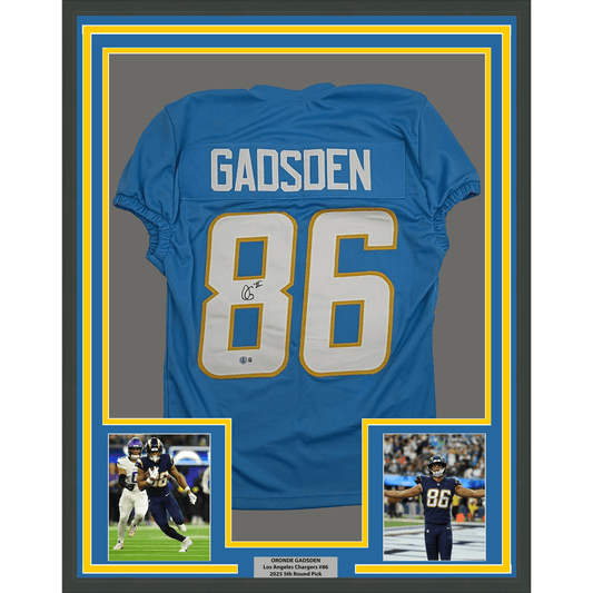 Framed Autographed/Signed Oronde Gadsden 35x39 Los Angeles San Diego Powder Blue Pro Cut Football Jersey Beckett BAS COA