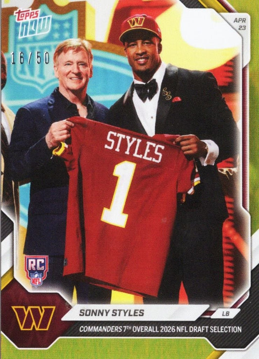 2026 Topps Now Sonny Styles #SSTY Gold Foil /50 Commanders 7th Overall 2026 NFL Draft Selection Washington Commanders Rookie RC Football Card