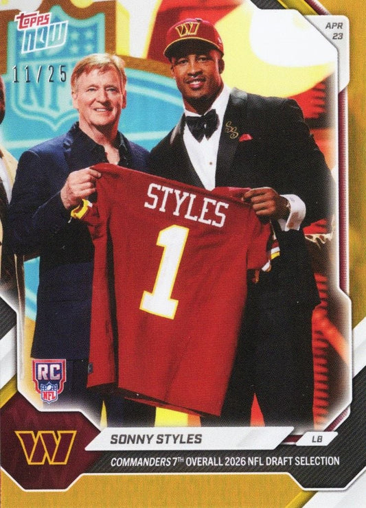2026 Topps Now Sonny Styles #SSTY Orange Foil /25 Commanders 7th Overall 2026 NFL Draft Selection Washington Commanders Rookie RC Football Card