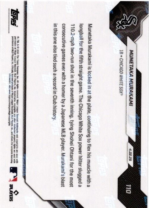 2026 Topps Now Munetaka Murakami #110 Black Foil /10 5th Straight Game with Home Run Ties Ohtanis Mark Chicago White Sox Rookie RC Baseball Card