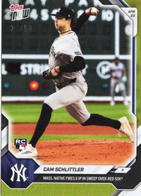 2026 Topps Now Cam Schlittler #114 Gold Foil /50 Mass. Native Fires 8IP in Sweep Over Red Sox New York Yankees Rookie RC Baseball Card