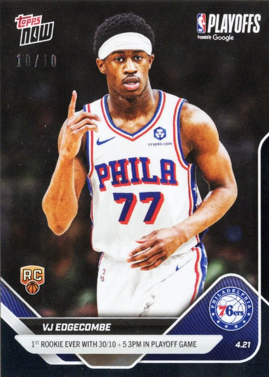 2025 Topps Now VJ Edgecombe #267 Black Foil /10 1st Rookie Ever with 30/10 + 5 3PM in Playoff Game Philadelphia 76ers Rookie RC Basketball Card