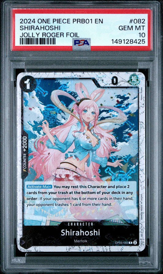 Graded 2024 One Piece Shirahoshi #082 Jolly Roger Foil PRB01 Trading Card Game PSA 10 Gem Mint