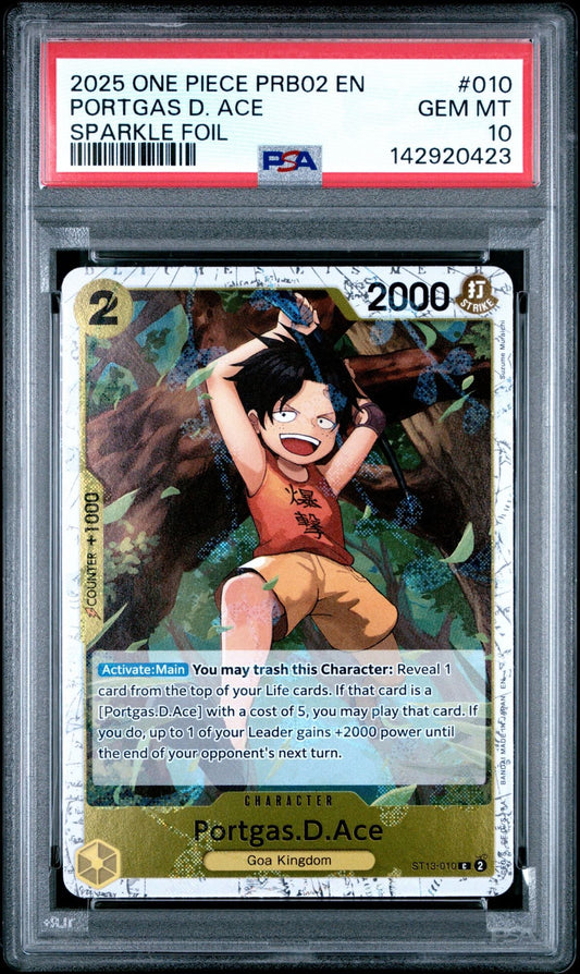 Graded 2025 One Piece Portgas D Ace #010 Sparkle Foil PRB02 Trading Card Game PSA 10 Gem Mint