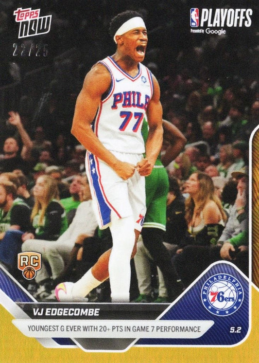 2025 Topps Now VJ Edgecombe #289 Orange Foil /25 Youngest Guard Ever with 20+ Points in Game 7 Performance Philadelphia 76ers Rookie RC Basketball Card